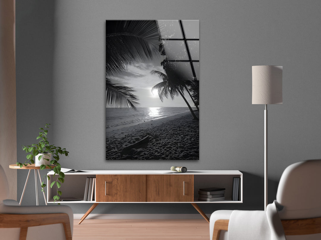 Ocean Sunset Reflection - Minimalist Black and White Glass Wall Art
