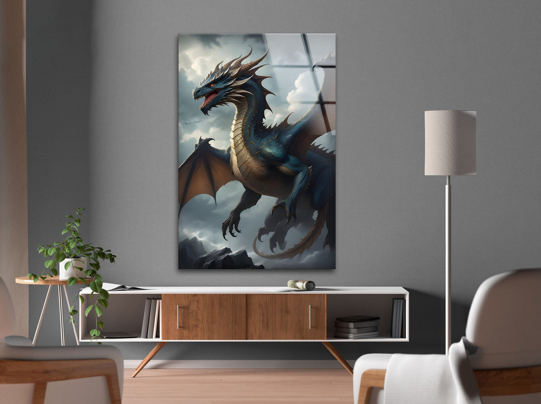 Epic blue dragon flying through the clouds, a symbol of mythical elegance.
