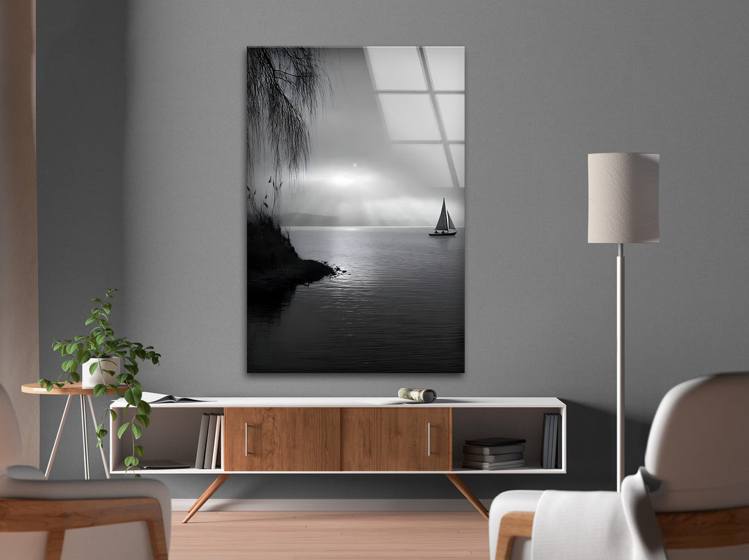 Tranquil Seascape – Black & White Sailboat Sunset Wall Art