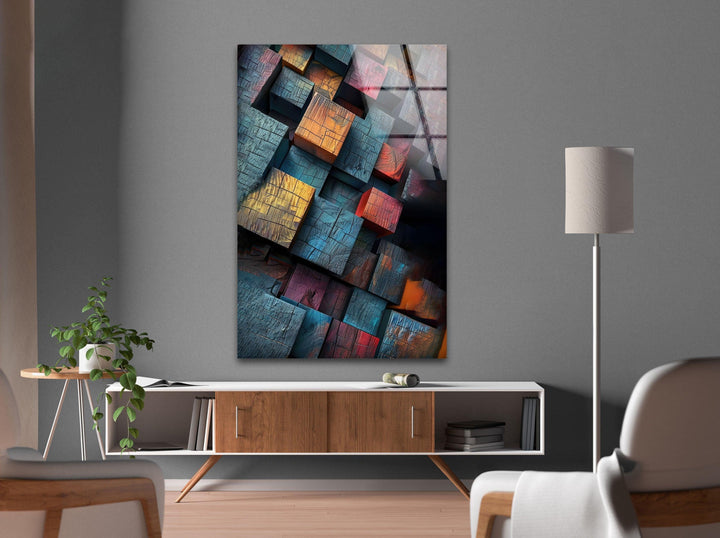 Colored Wood Cubes Glass Wall Art glass pictures for Wall, glass prints wall art
