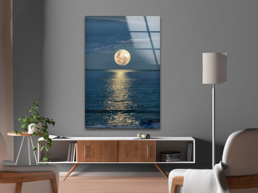 Moon and Sea Night Sunset Glass Wall Art glass pictures for Wall, glass prints wall art
