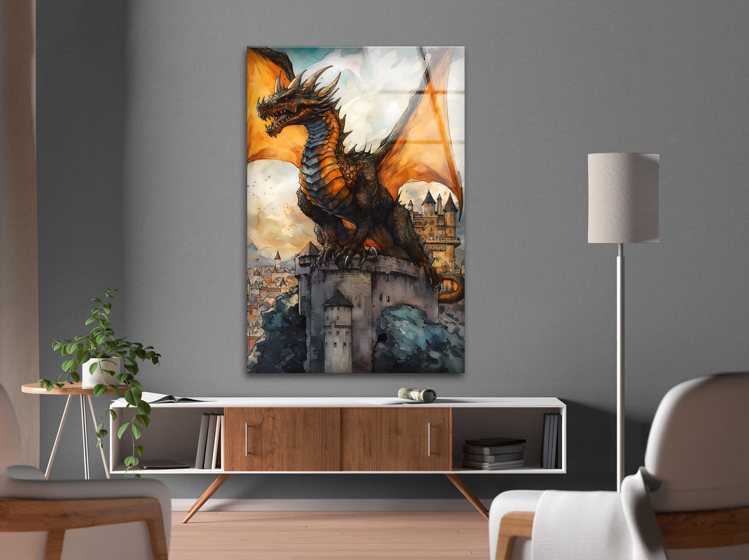 Fantasy Dragon at the Castle: Breathtaking Glass Wall Art
