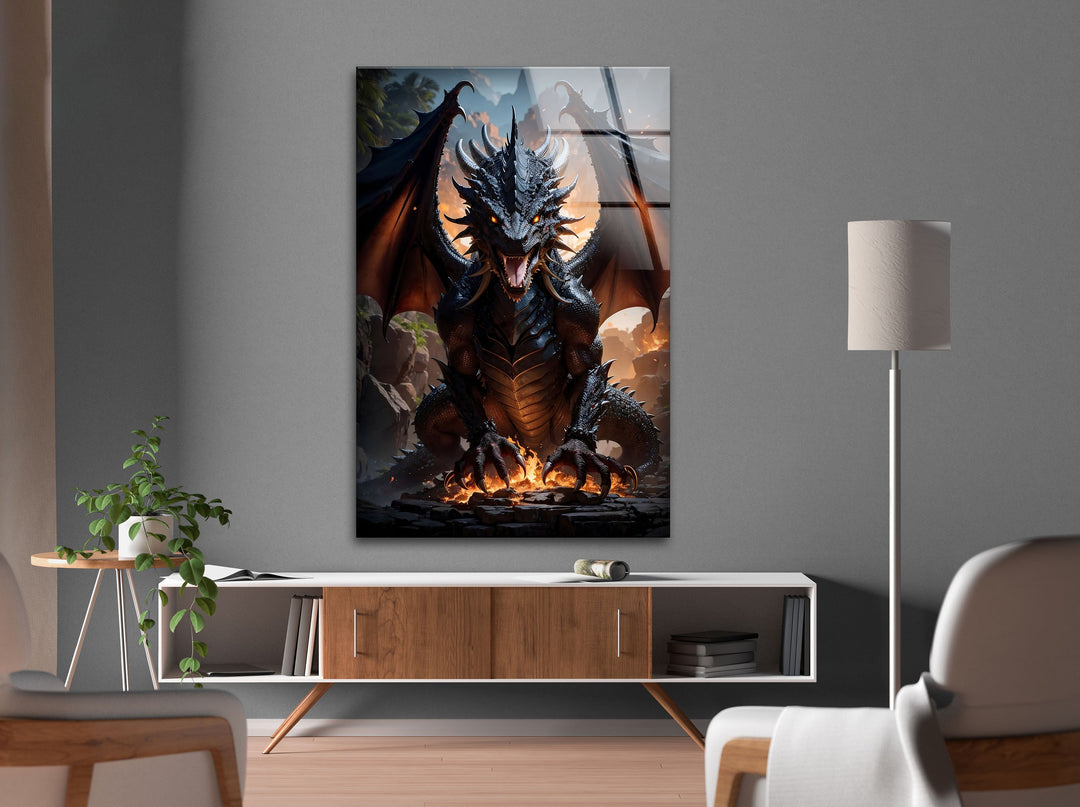 Inferno Dragon in a dramatic fiery roar, a mythical beast to transform your space.
