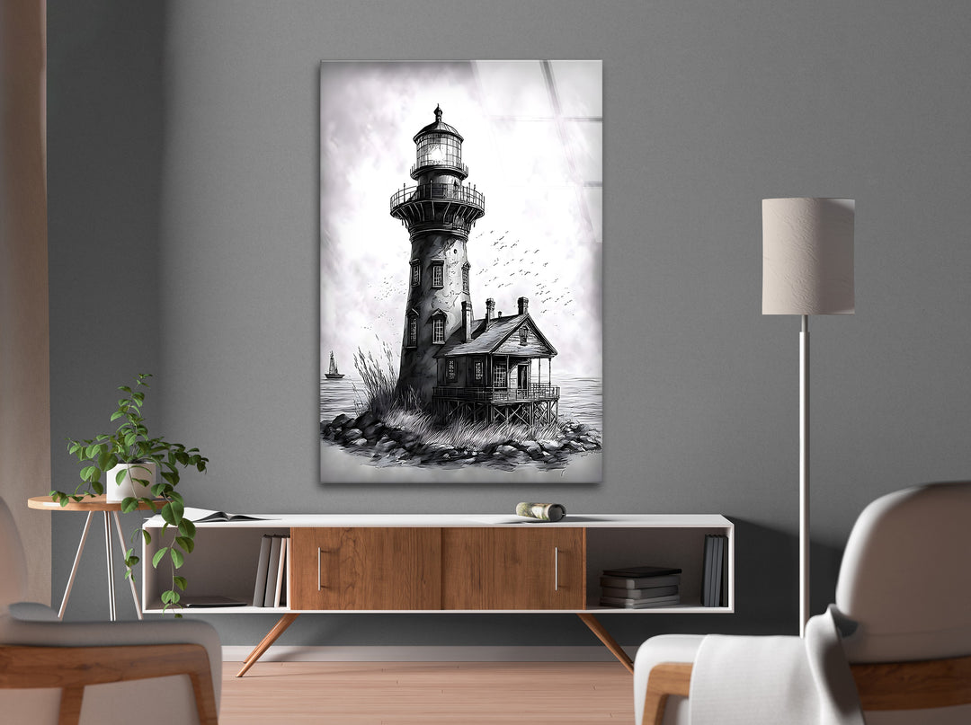 Ocean Lighthouse Glass Wall Art - Black and White Wall Decor
