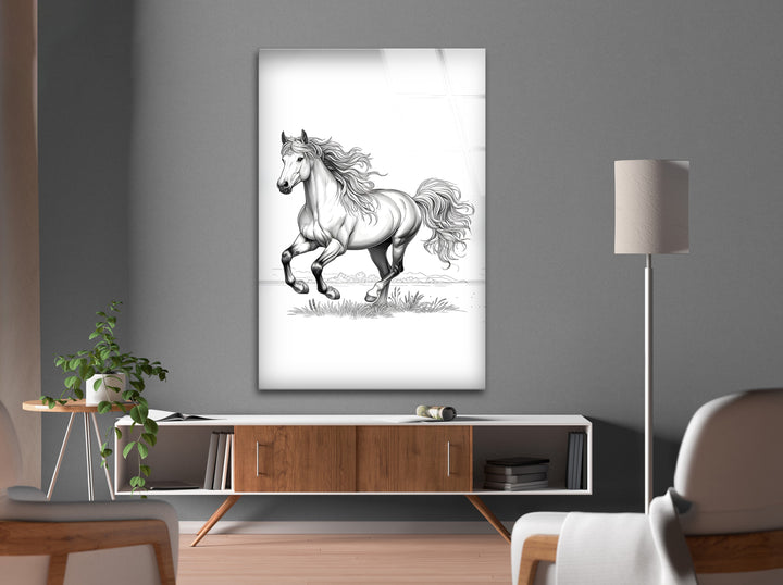 A beautifully detailed black and white abstract art print featuring a free-spirited horse in motion.