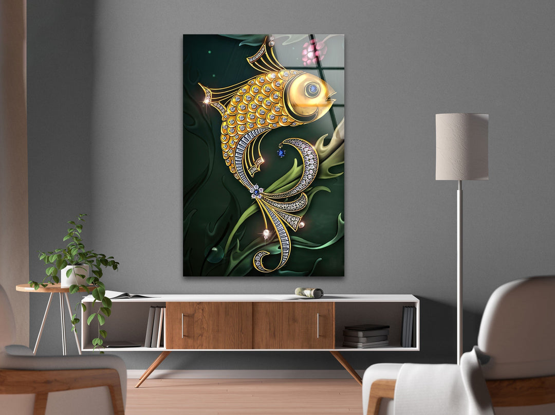 Golden Fish Shiny Glass Wall Art custom glass pictures, glass art prints
