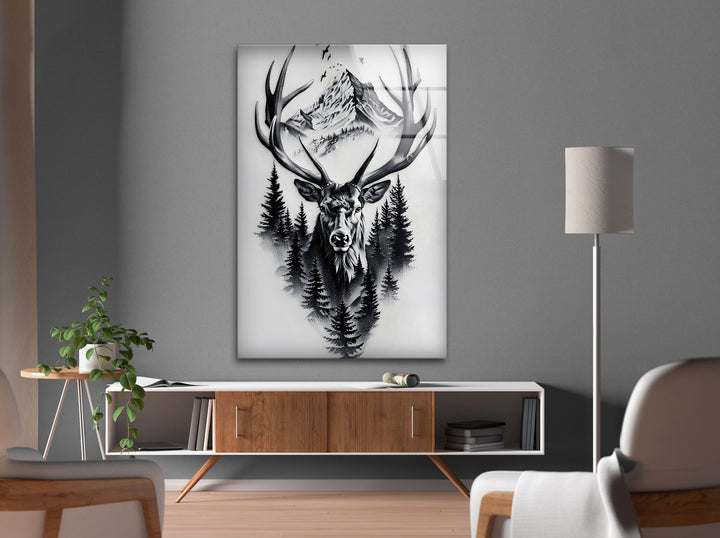 Majestic Stag & Mountain – Black & White Wildlife Wall Art