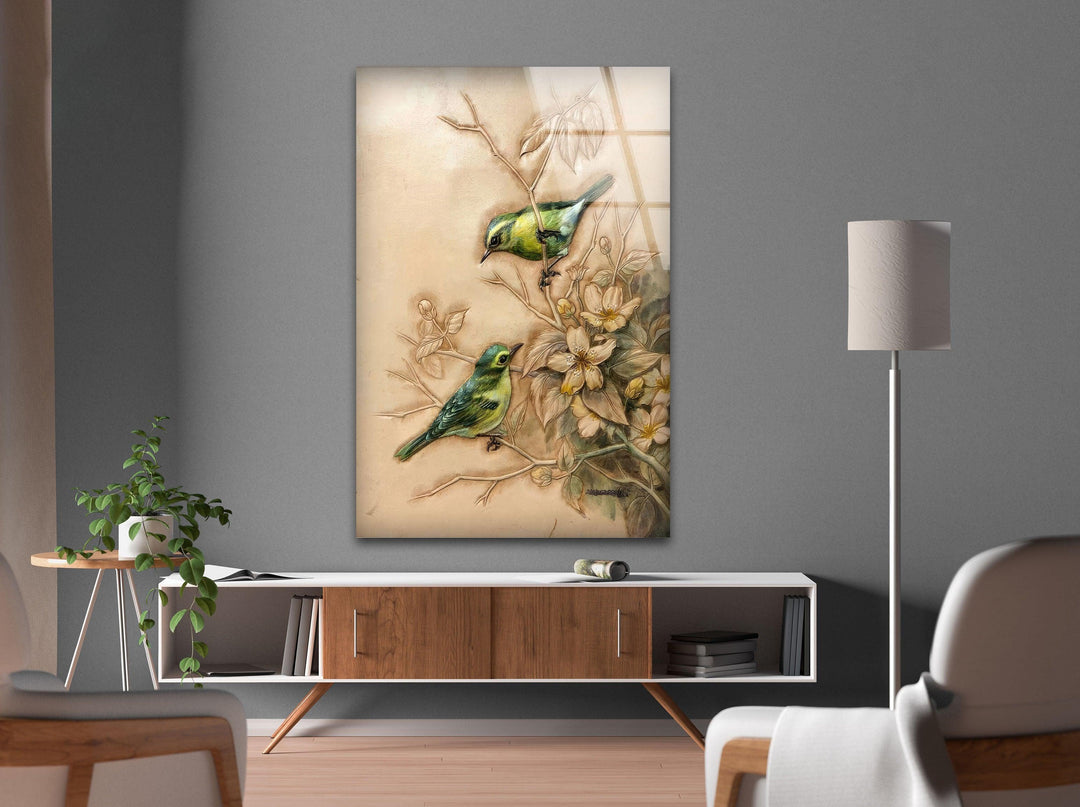 Green Sparrows Glass Wall Art custom glass pictures, glass art prints
