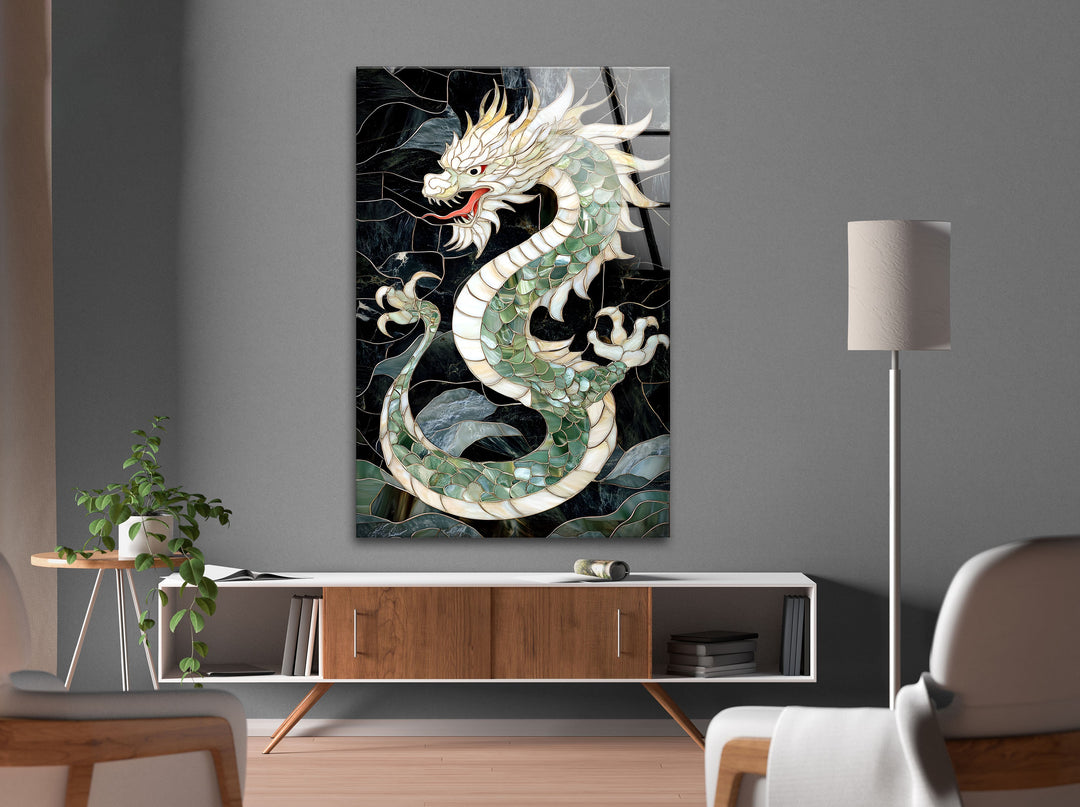 Mosaic dragon art featuring an elegant green dragon, symbolizing grace and power.
