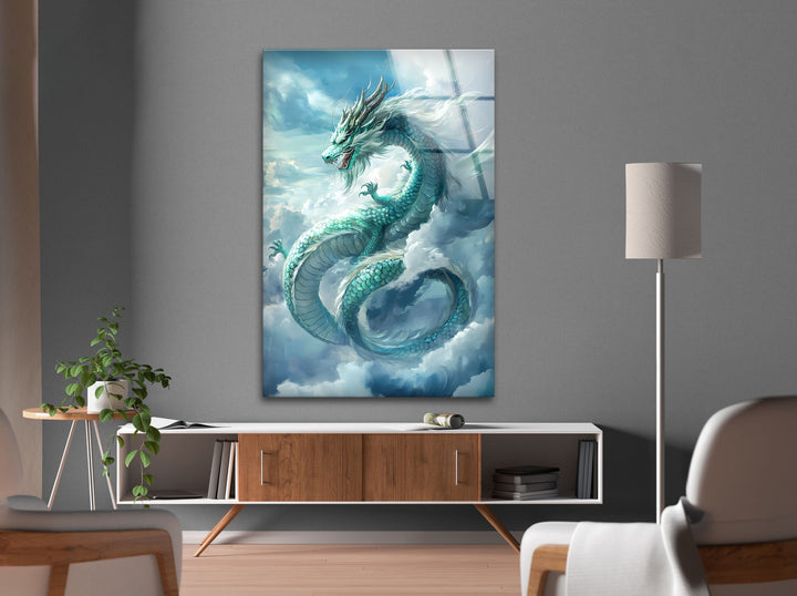 Stunning dragon soaring through ethereal clouds, a symbol of grace and mythical beauty.
