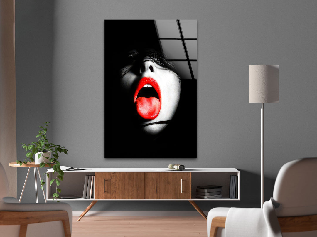 Woman With Red Lips & Tongue Glass Wall Art picture on glass wall art, photos printed on glass
