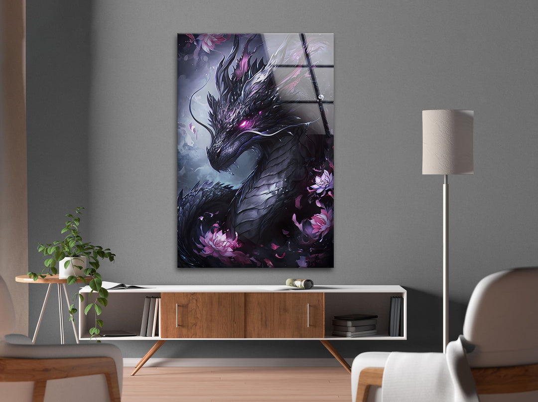 Bring a touch of fantasy into your space with the bold purple dragon artwork on sleek glass wall art.
