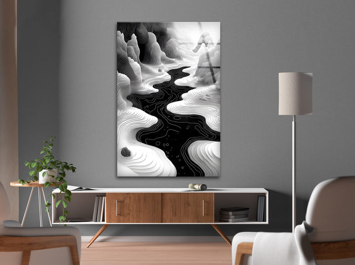 Surreal River: Captivating Black and White Abstract Art on Glass
