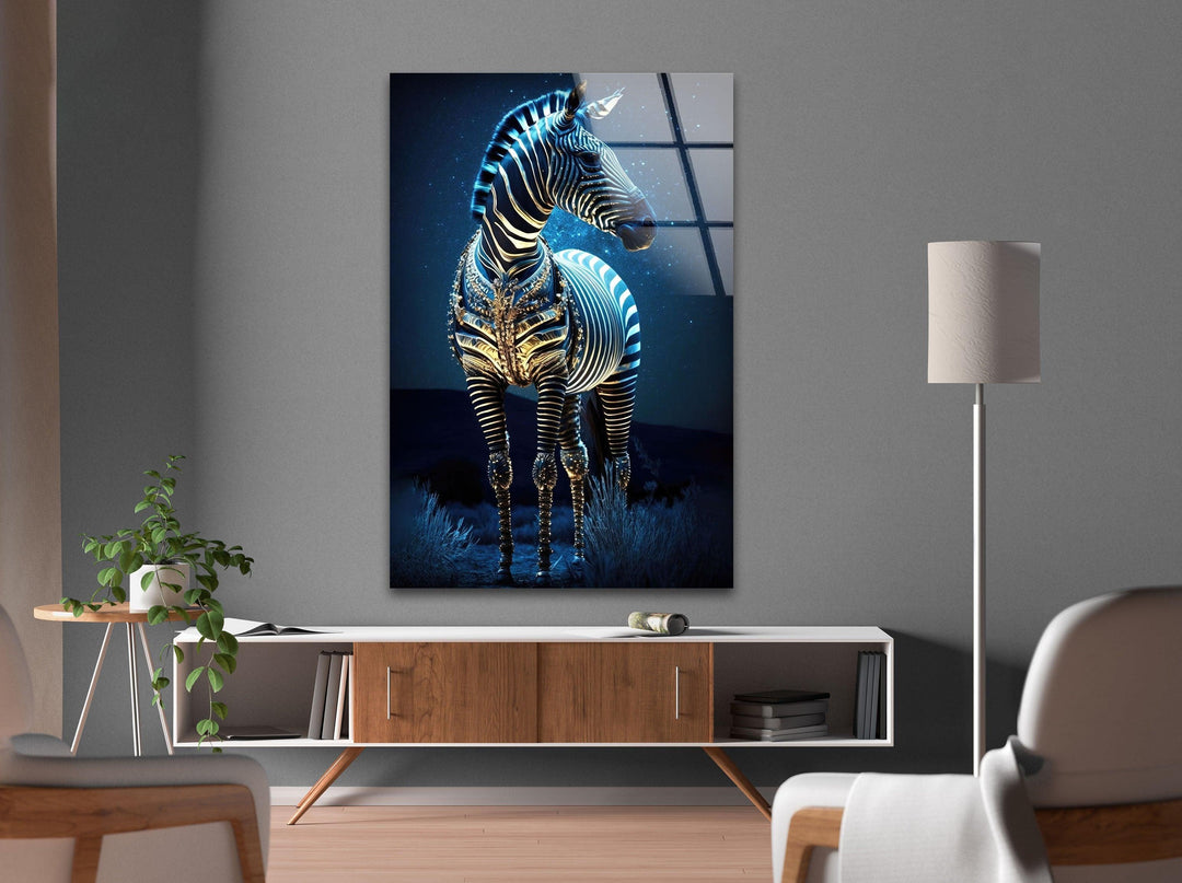 Blue Night Zebra Glass Wall Art custom glass photo prints, large glass prints
