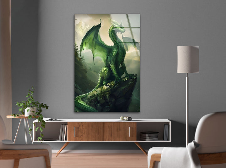 A breathtaking image of a green dragon perched proudly on a mountain, perfect for fantasy art lovers.
