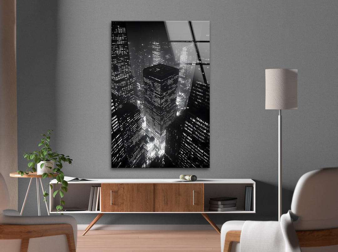 City Glow: A Striking Black and White Cityscape on Glass Wall Art
