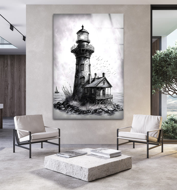 Rustic Lighthouse Scene - Black and White Framed Glass Wall Art
