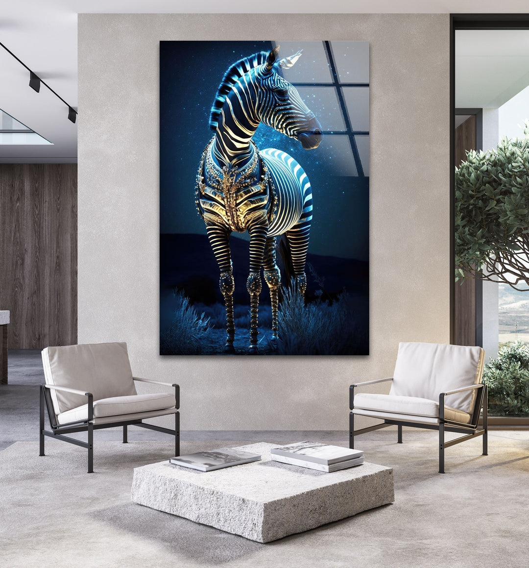 Blue Night Zebra Glass Wall Art picture on glass wall art, photos printed on glass
