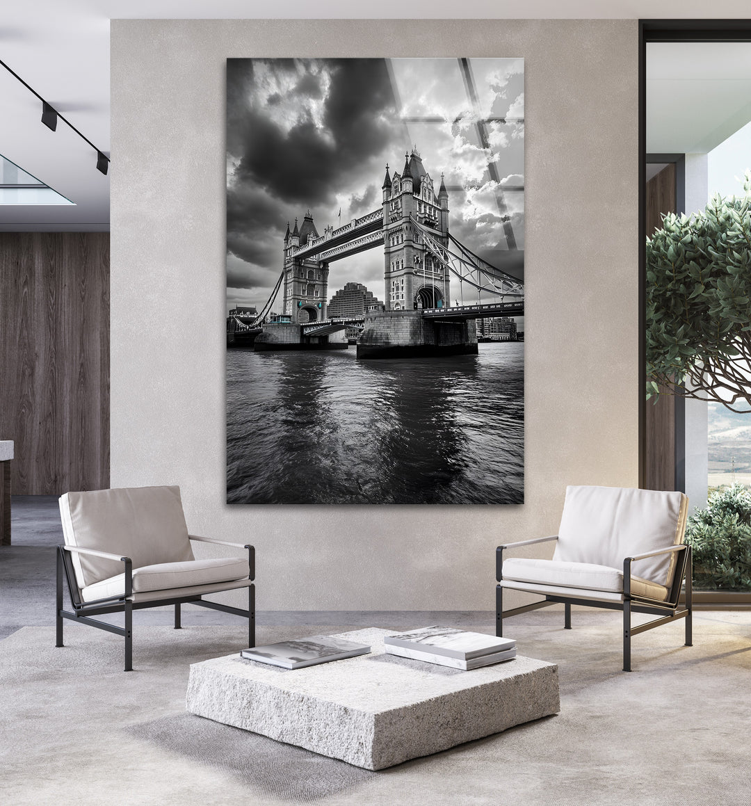 A timeless London cityscape featuring the majestic Tower Bridge, beautifully printed in black and white.
