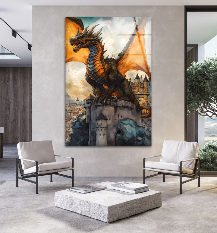 Majestic Dragon and Castle: A Stunning Fantasy Artwork in Glass
