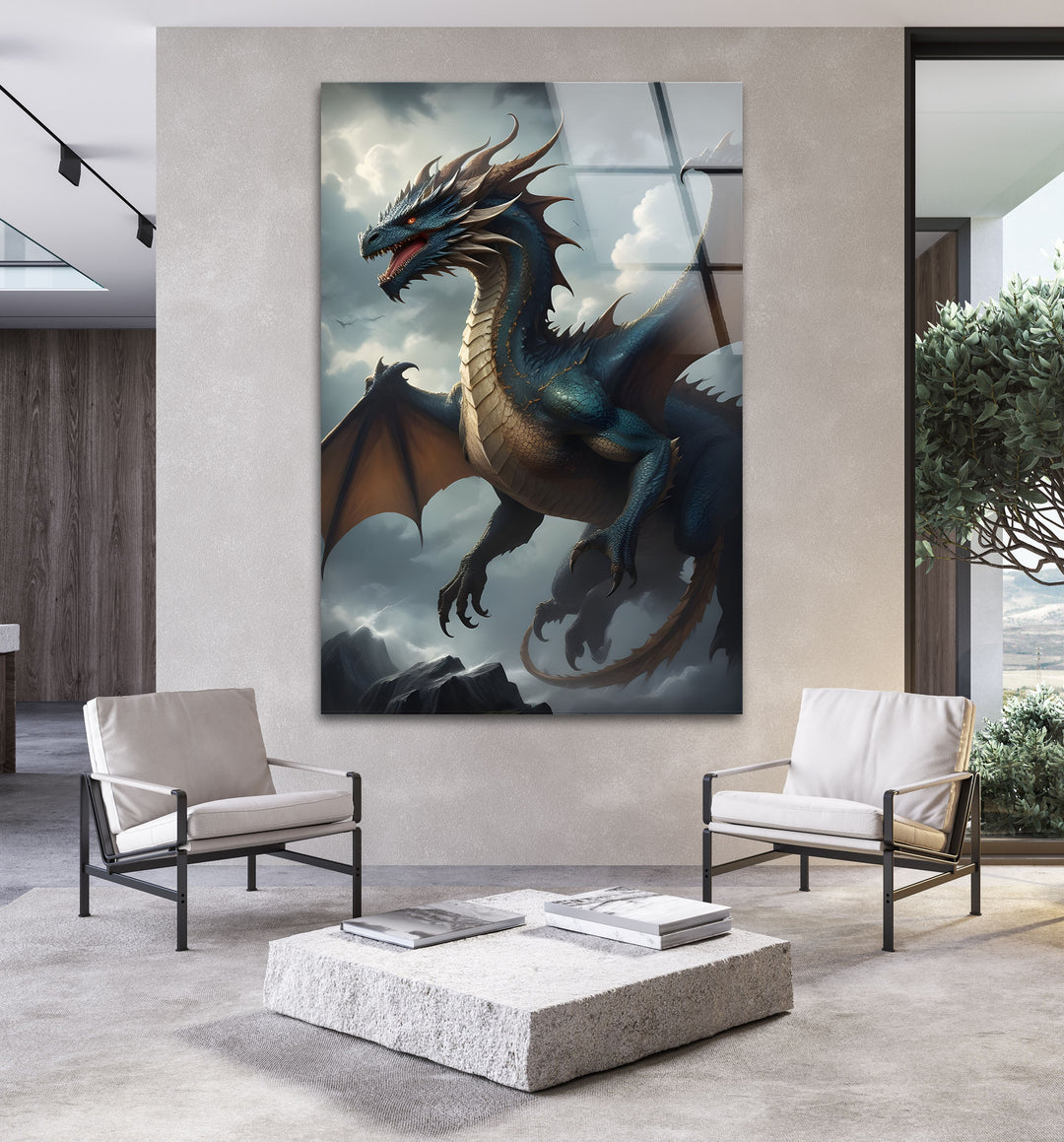 Fierce blue dragon with spread wings, gracefully flying through a sky of clouds.
