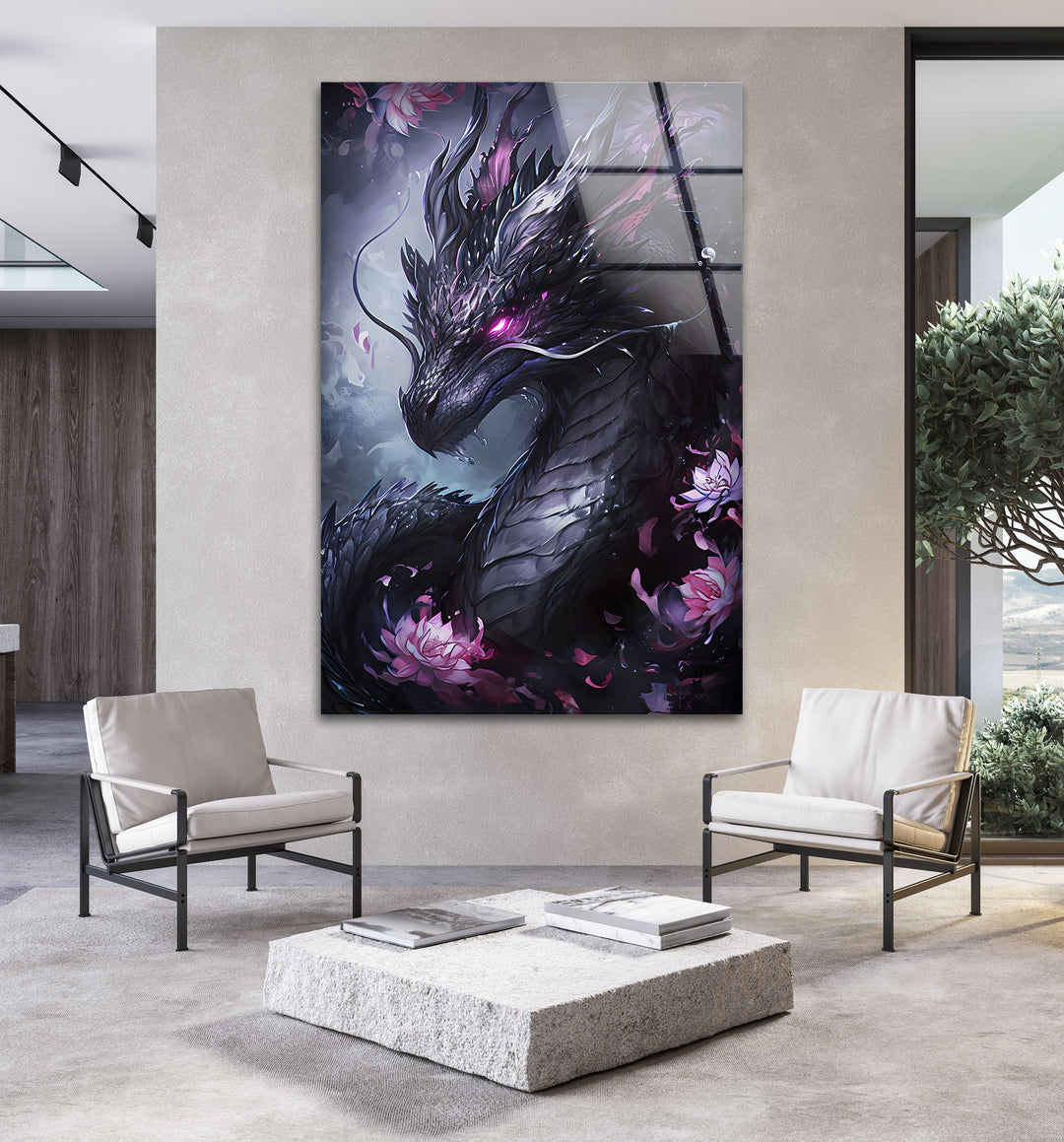 A stunning purple dragon, surrounded by ethereal beauty, captured in vivid detail on premium glass.
