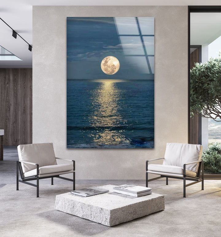 Moon and Sea Night Sunset Glass Wall Art stained glass wall art, stained glass wall decor
