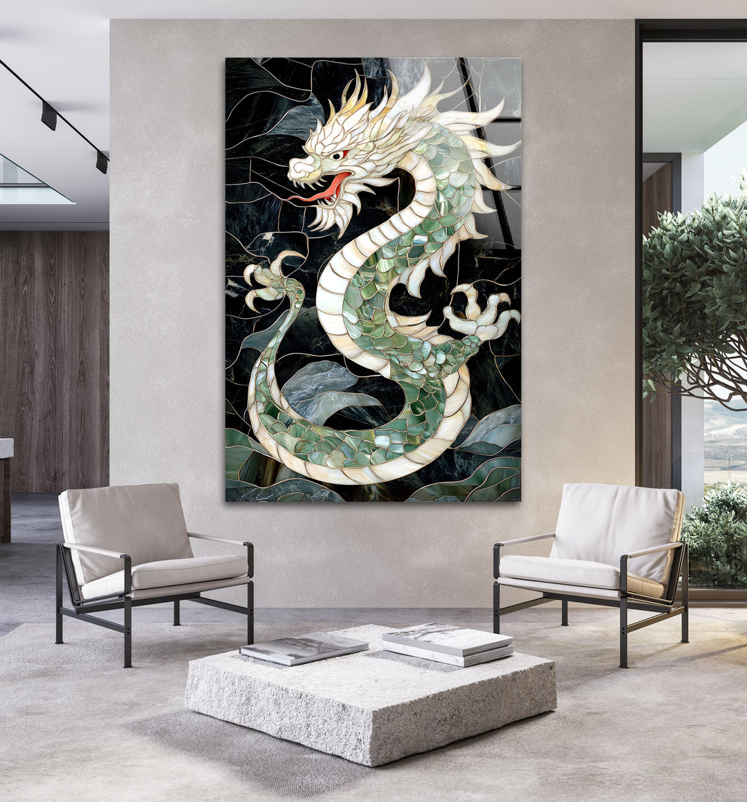 Stunning green dragon in mosaic style, standing tall in a graceful and powerful pose.
