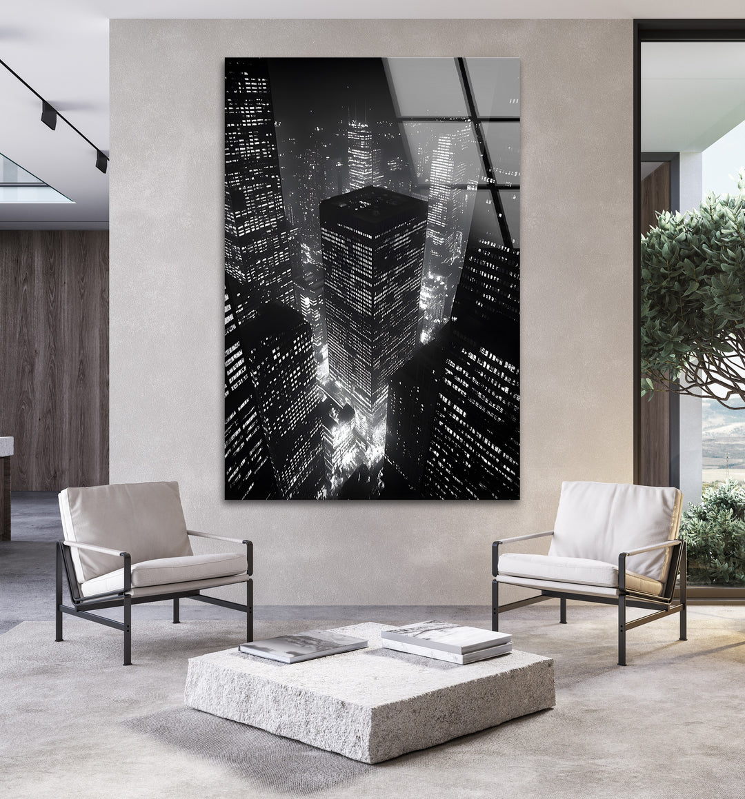 Night City: Beautiful Black and White City Lights on Glass Wall Art
