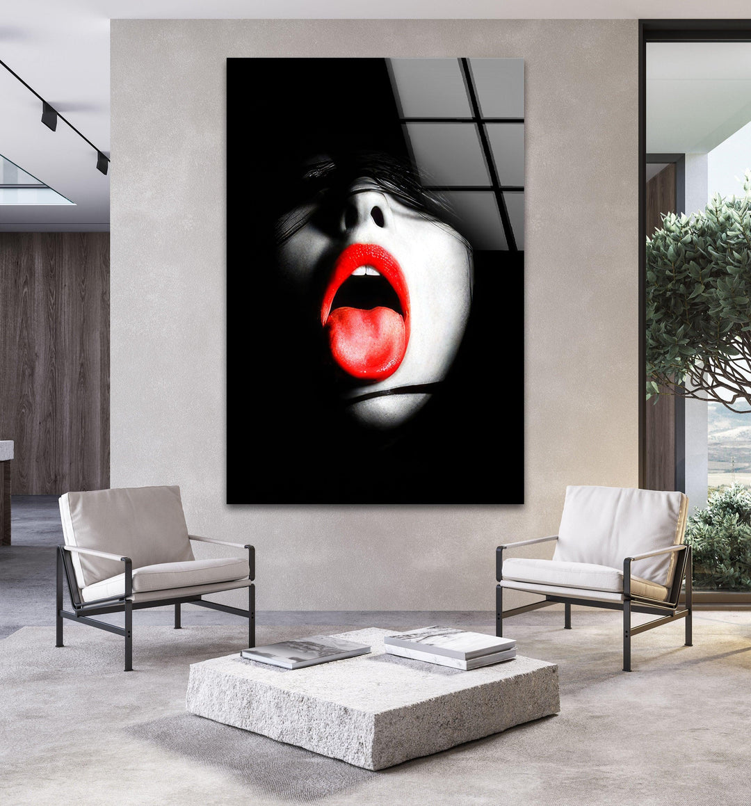 Woman With Red Lips & Tongue Glass Wall Art glass image printing, glass prints from photos
