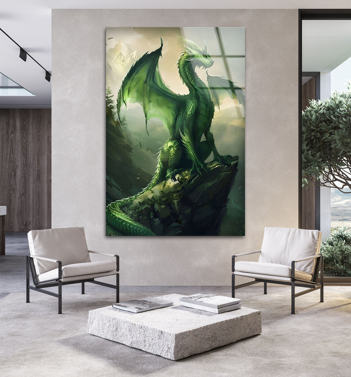 Vibrant and detailed green dragon artwork on glass, ideal for adding fantasy to any room.
