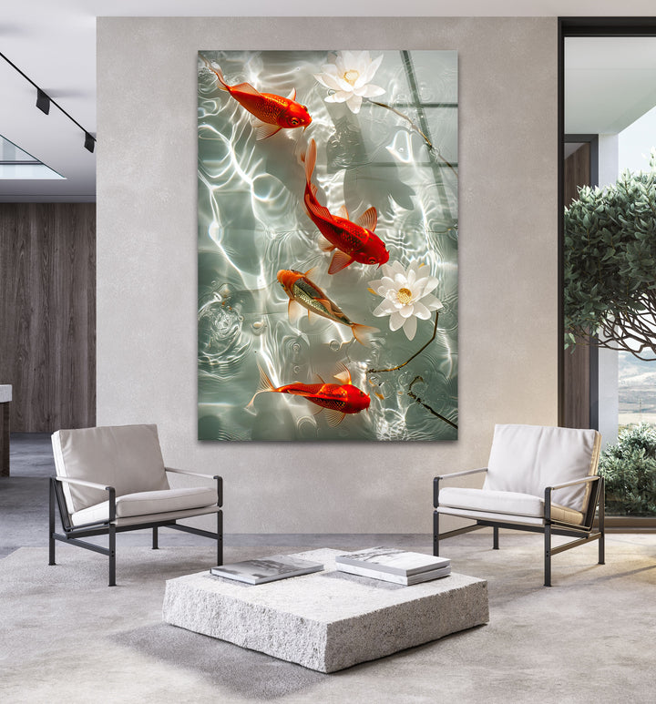 Orange Koi Fishes Glass Wall Art glass art painting, glass art for the Wall
