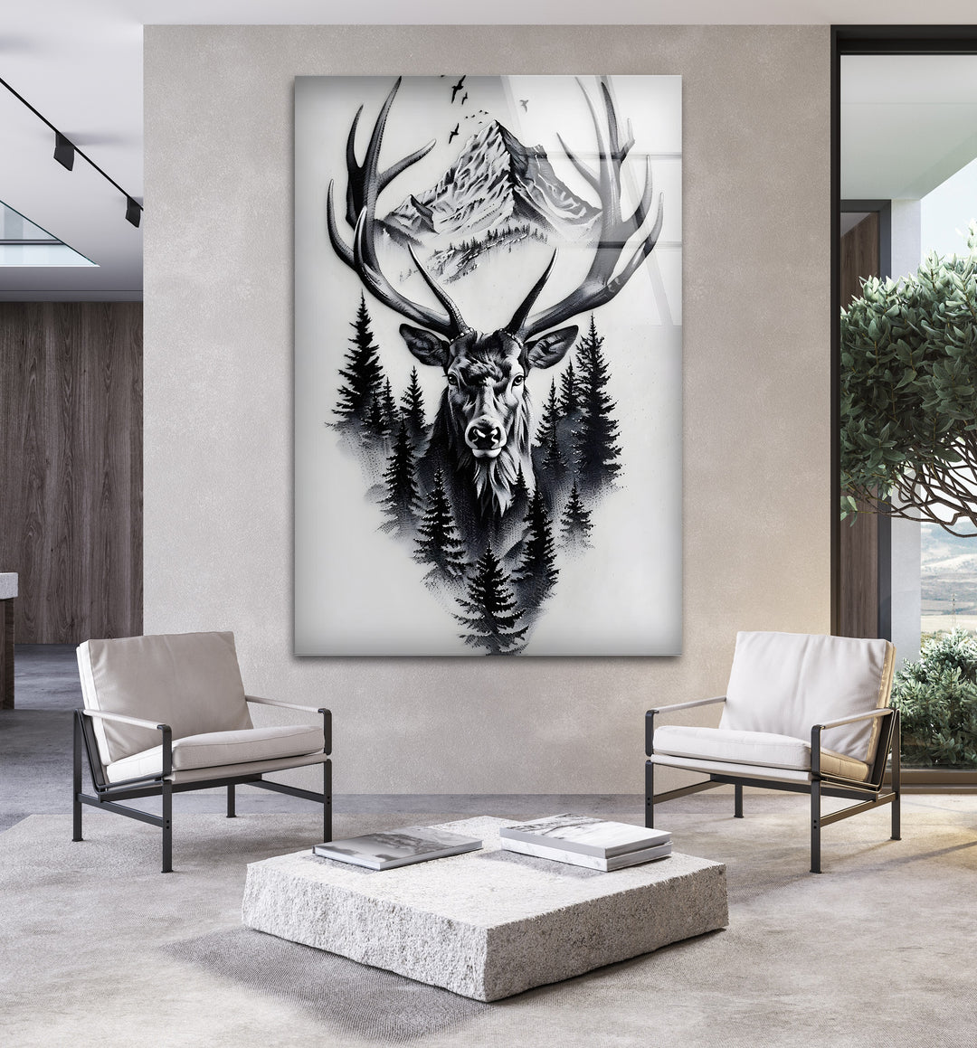 Majestic Stag & Mountain – Black & White Wildlife Wall Art