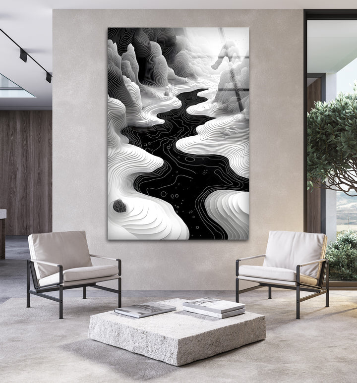 Abstract River Design: Dynamic Black and White Landscape on Glass Wall Art
