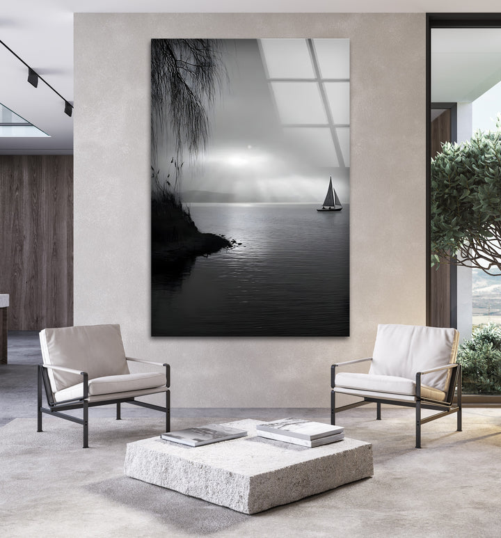 Tranquil Seascape – Black & White Sailboat Sunset Wall Art