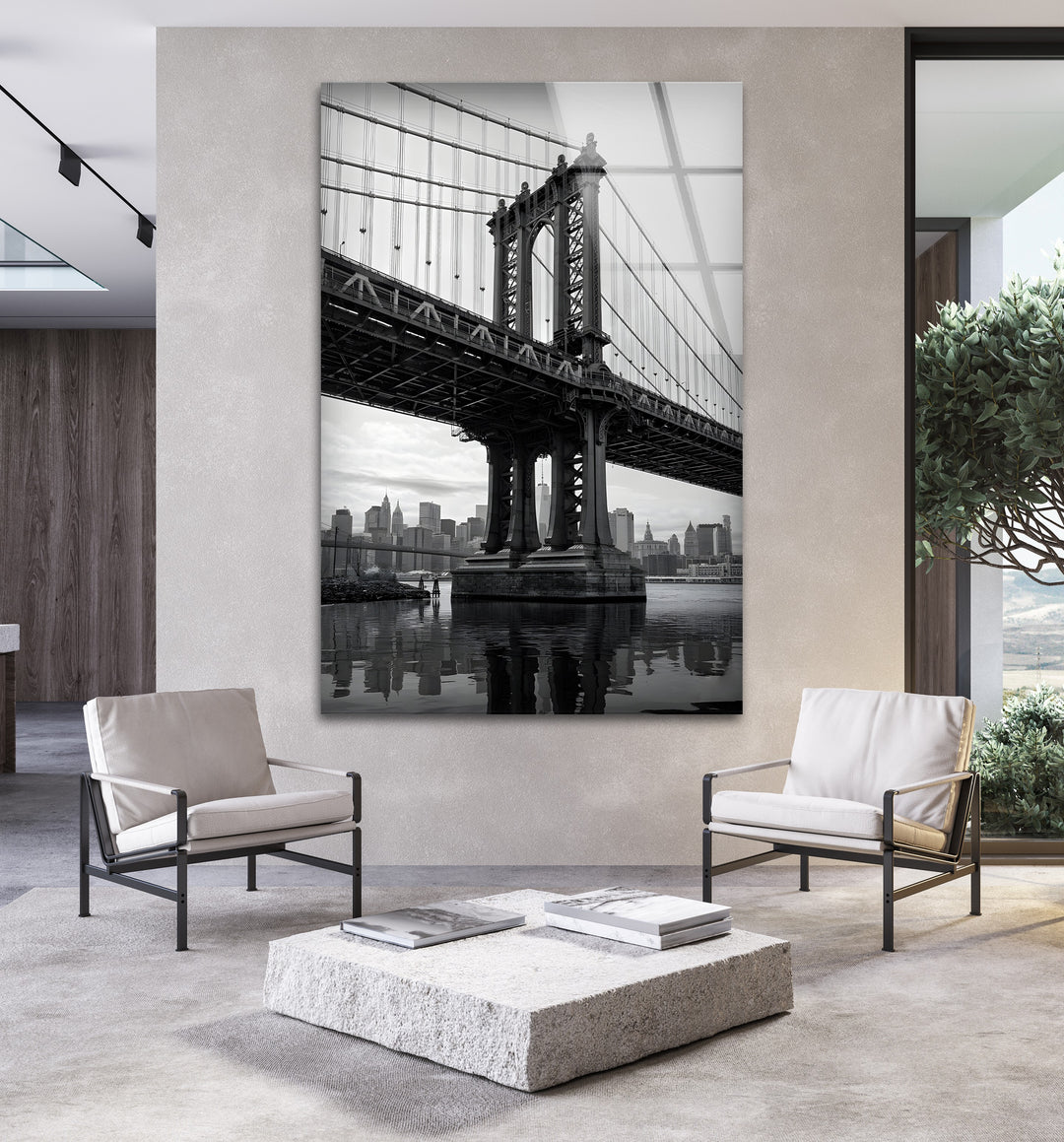 Industrial-style city wall art with Manhattan Bridge and waterfront reflection.
