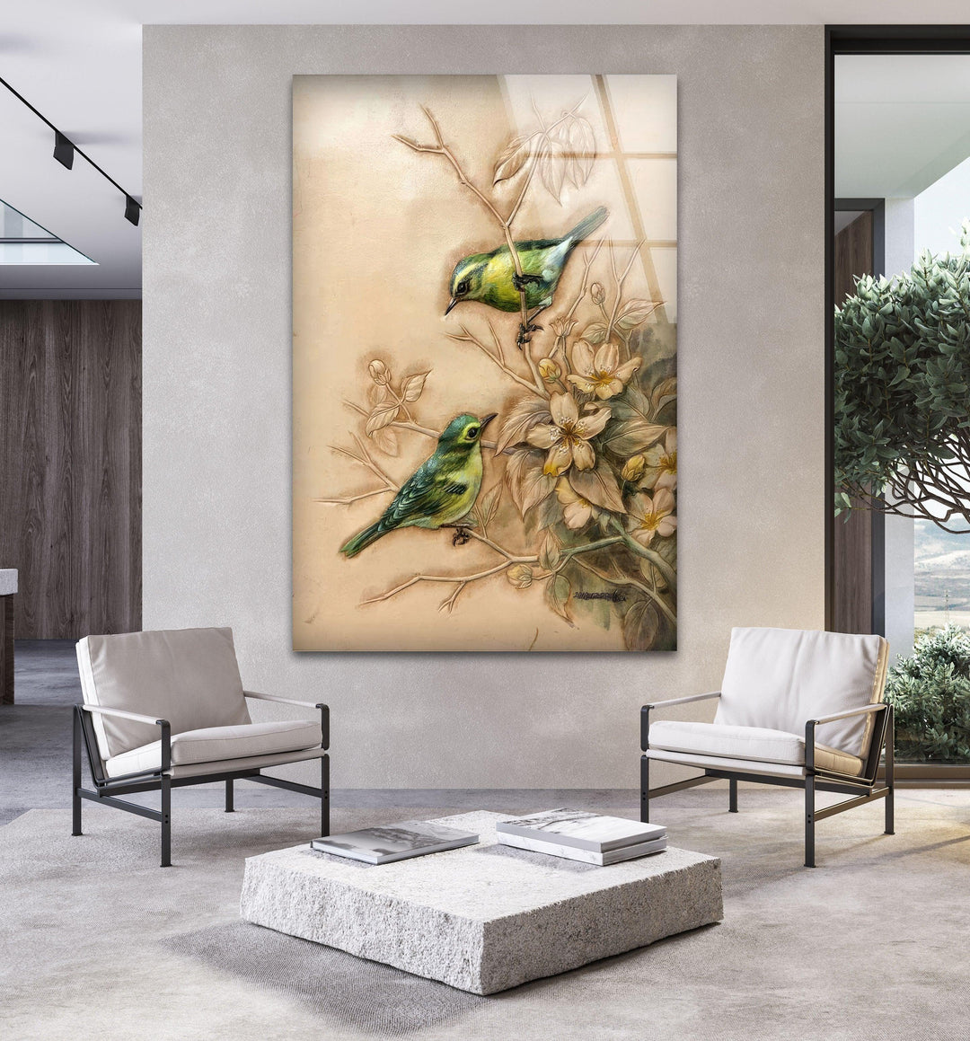 Green Sparrows Glass Wall Art glass art painting, glass art for the Wall
