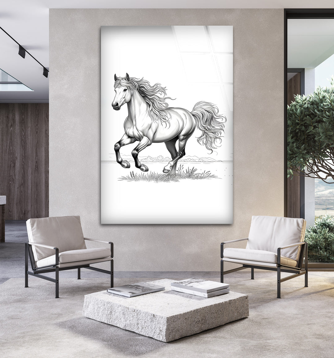 A powerful black and white painting of a stallion galloping across an open landscape.