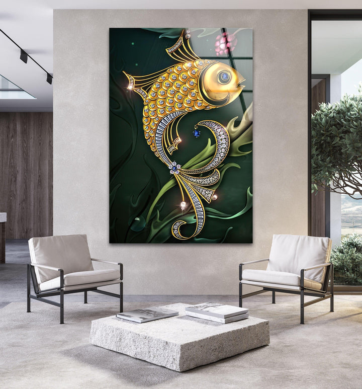 Golden Fish Shiny Glass Wall Art photo print on glass, prints on glass wall art
