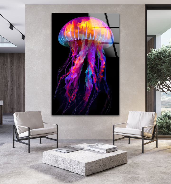 Neon Jellyfish Glass Wall Art glass art painting, glass art for the Wall