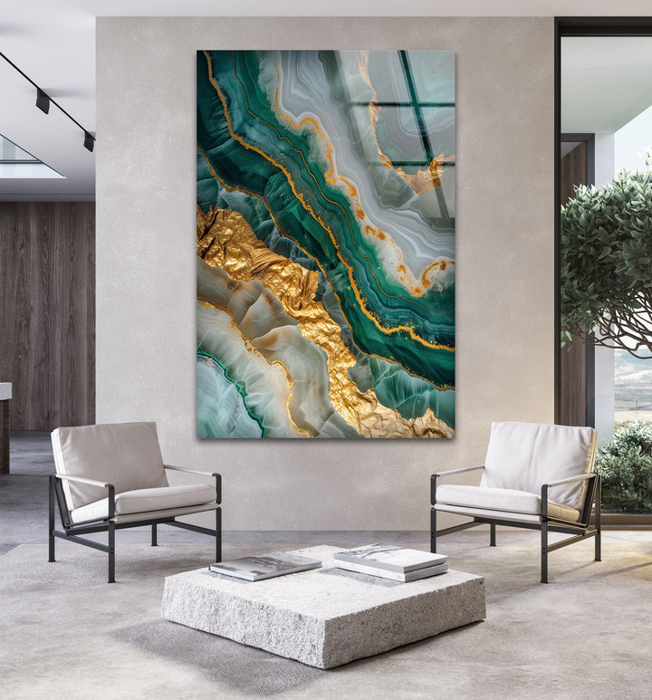 Green Gold Marble Geode Tempered Glass Wall Art