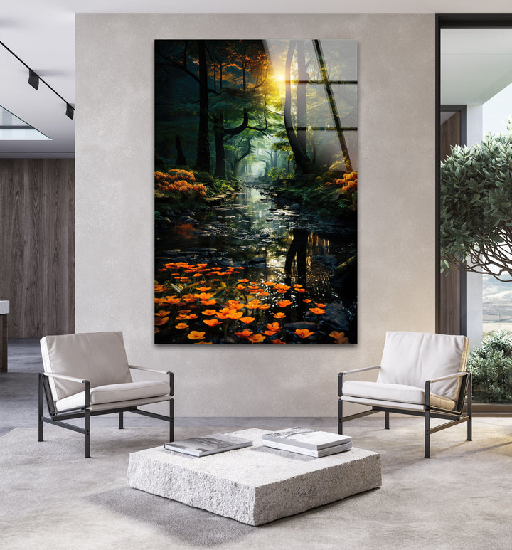 Trees & Flowers in Forest Glass Wall Art print on glass, glass printed photos