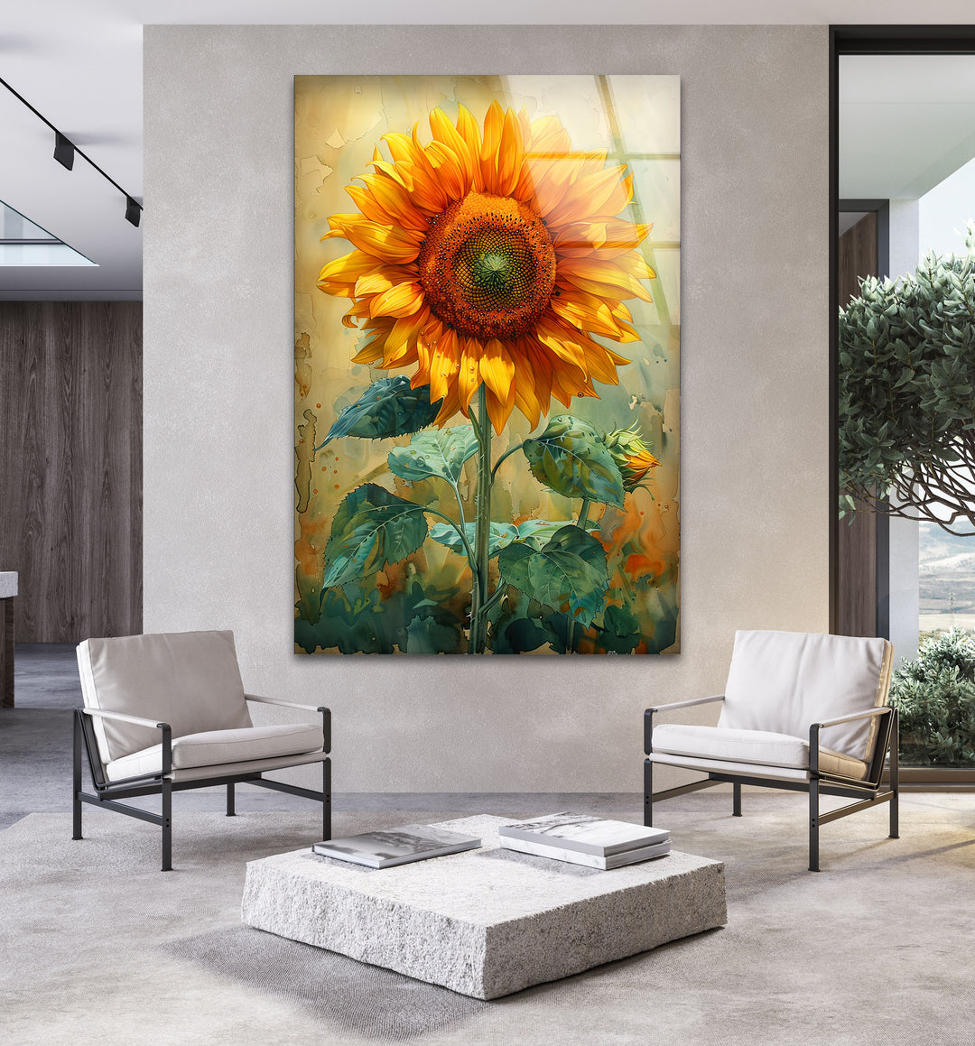 Watercolor Sunflower Glass Wall Art, glass photo prints, glass picture prints