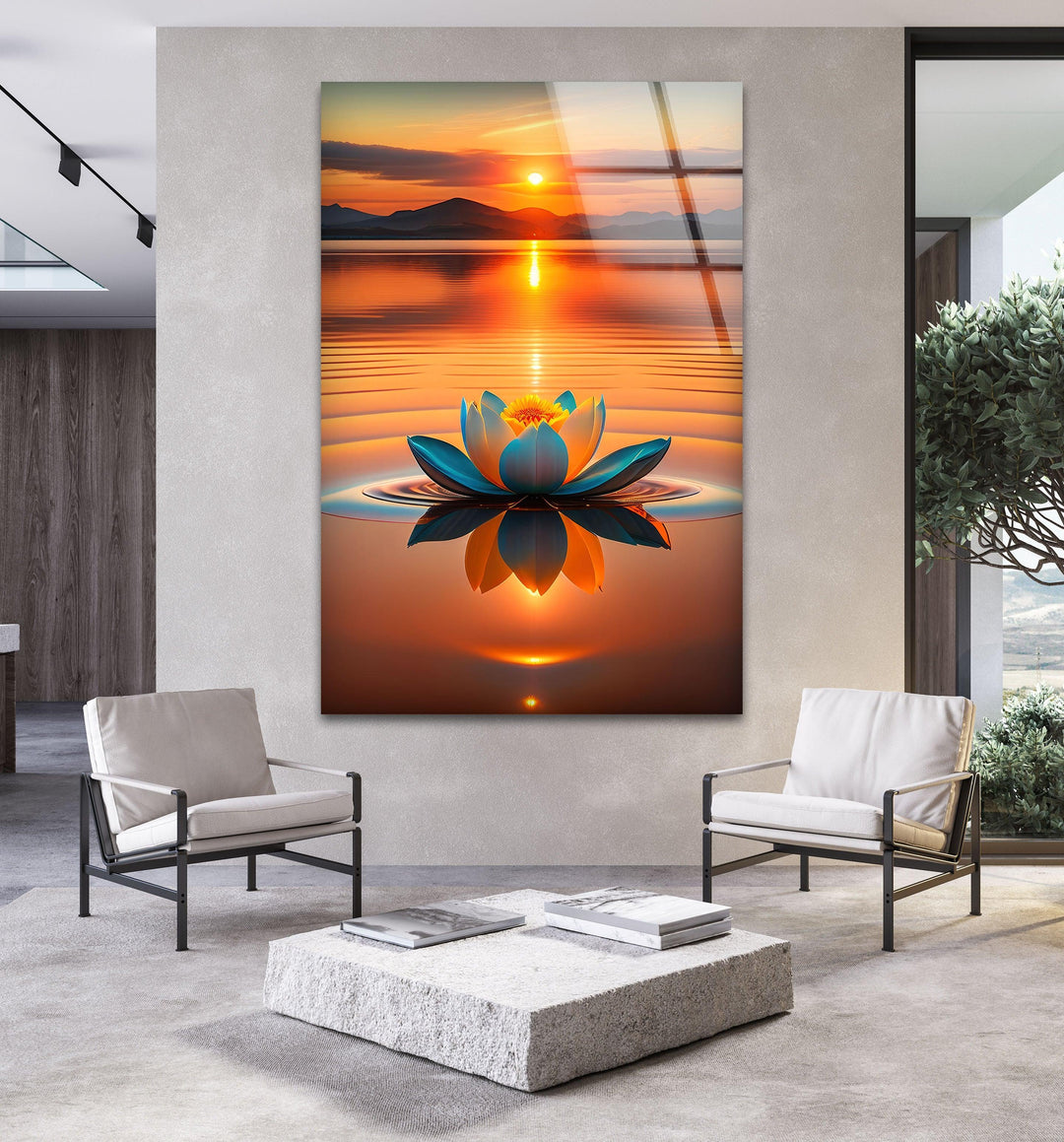 Lotus At Sunset Glass Wall Art, photo print on glass, prints on glass wall art