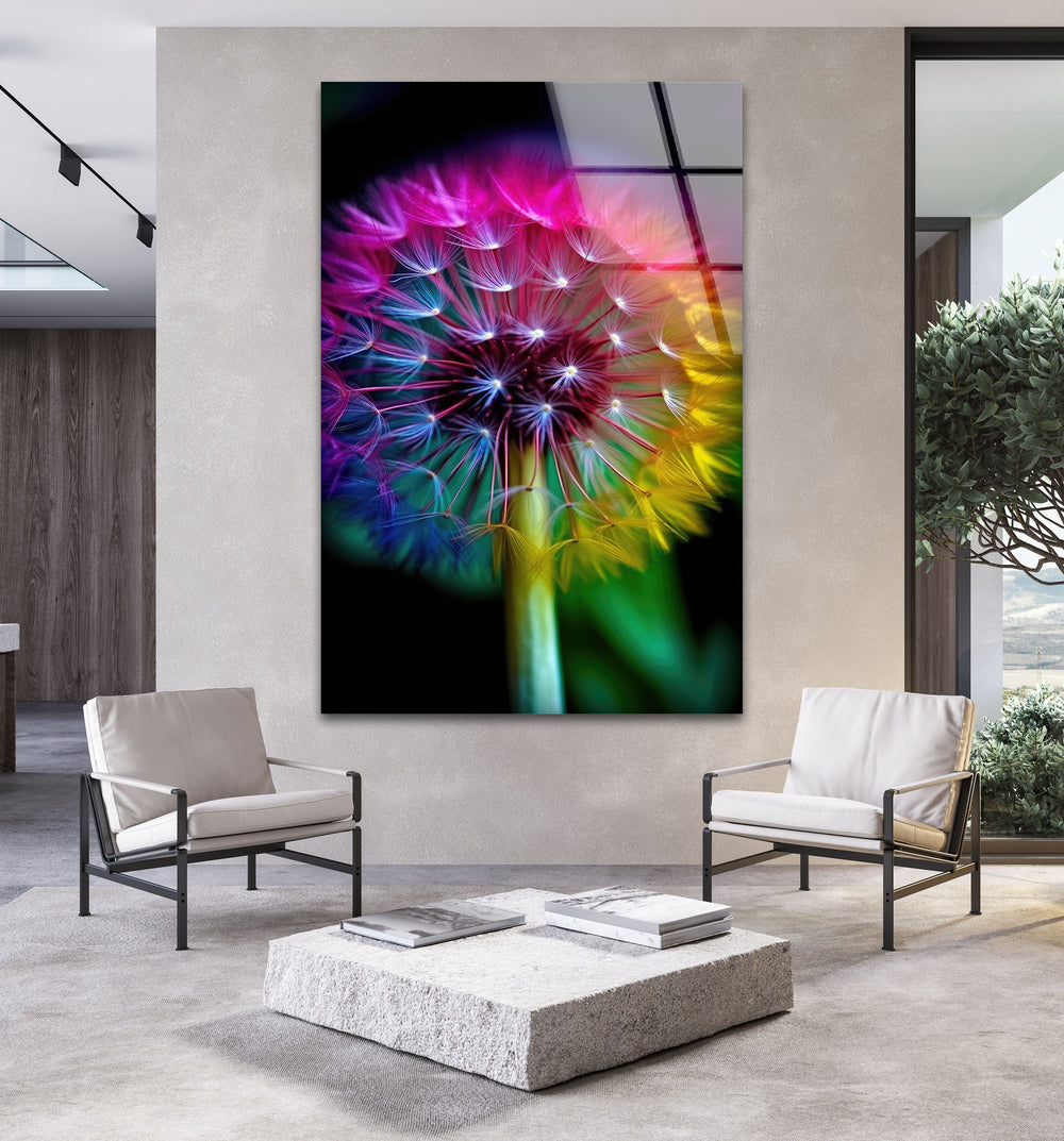 Rainbow Dandelion Glass Wall Art, glass wall decor, glass wall art decor