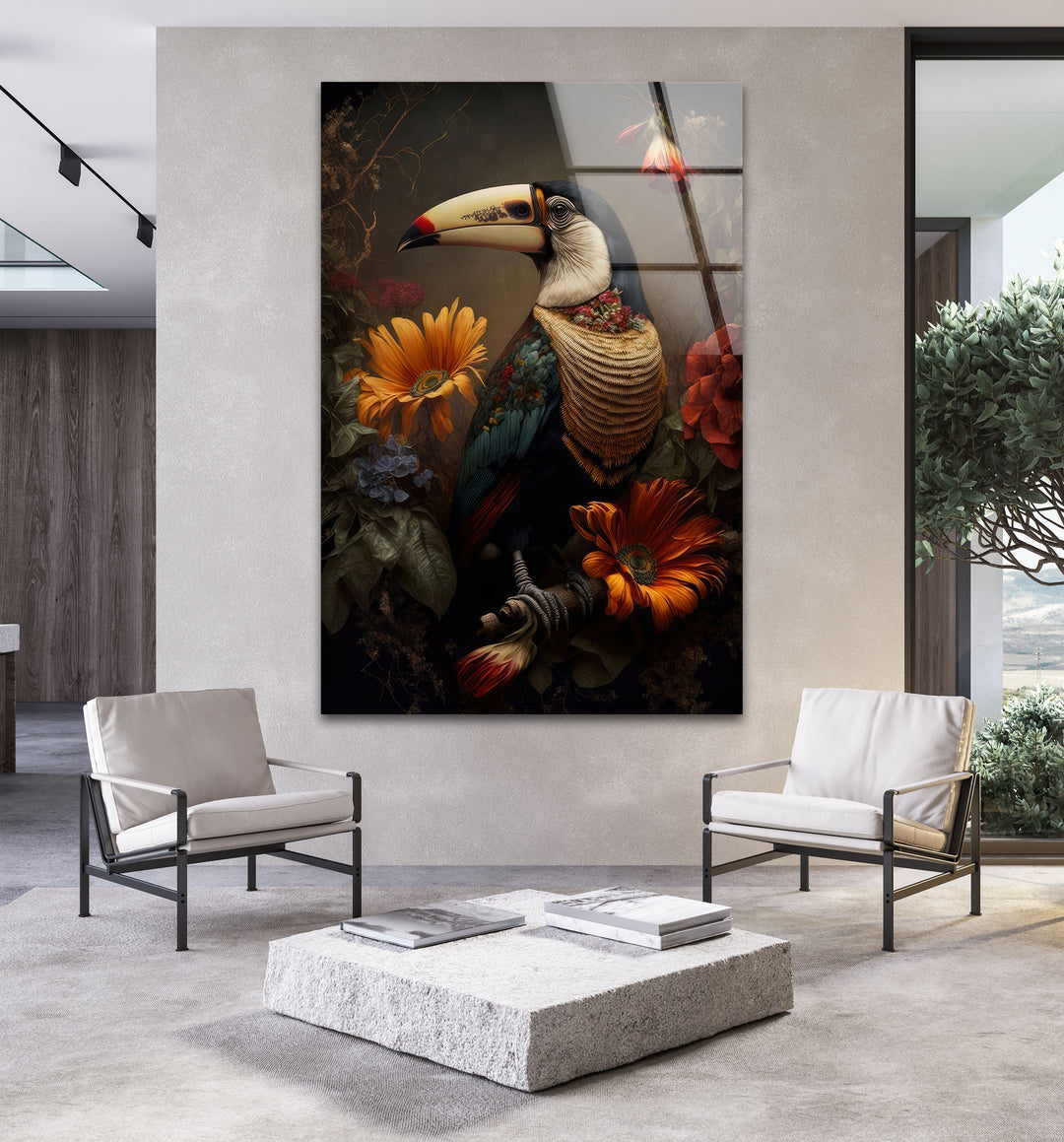 Toucan with Flowers Glass Wall Art print on glass, glass printed photos