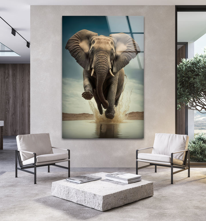 Elephant Running Glass Wall Art glass pictures for Wall, glass prints wall art