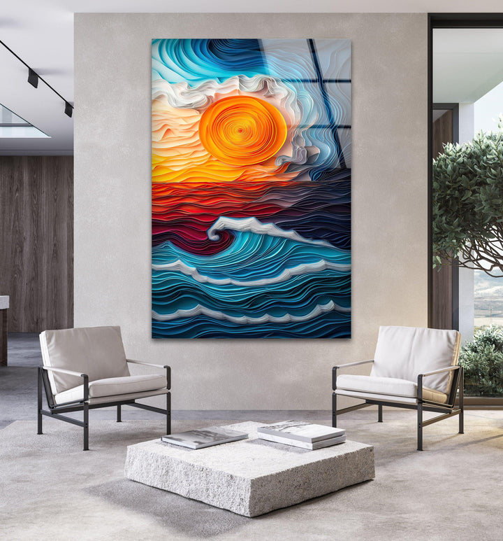 Sunset Oil Blue Painting Glass Wall Art custom glass photo prints, large glass prints