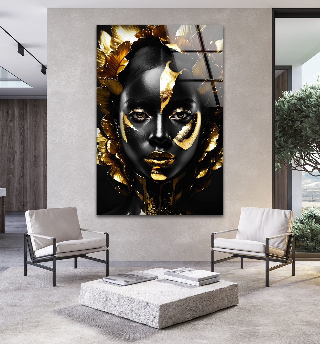 Black Woman With a Gold Face Glass Wall Art