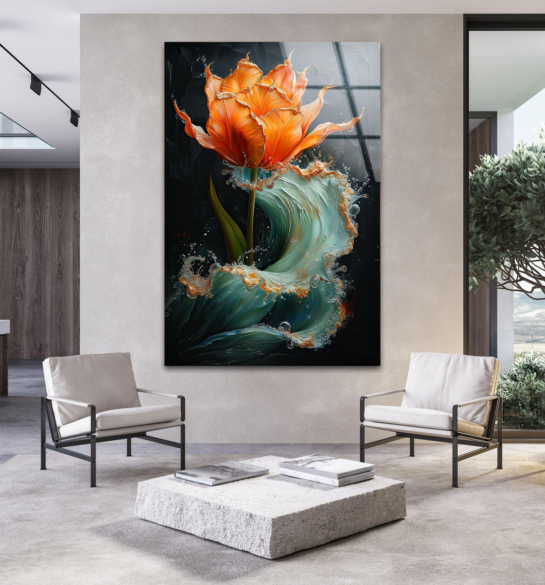 Orange Abstract Flower Glass Wall Art, glass image printing, glass prints from photos